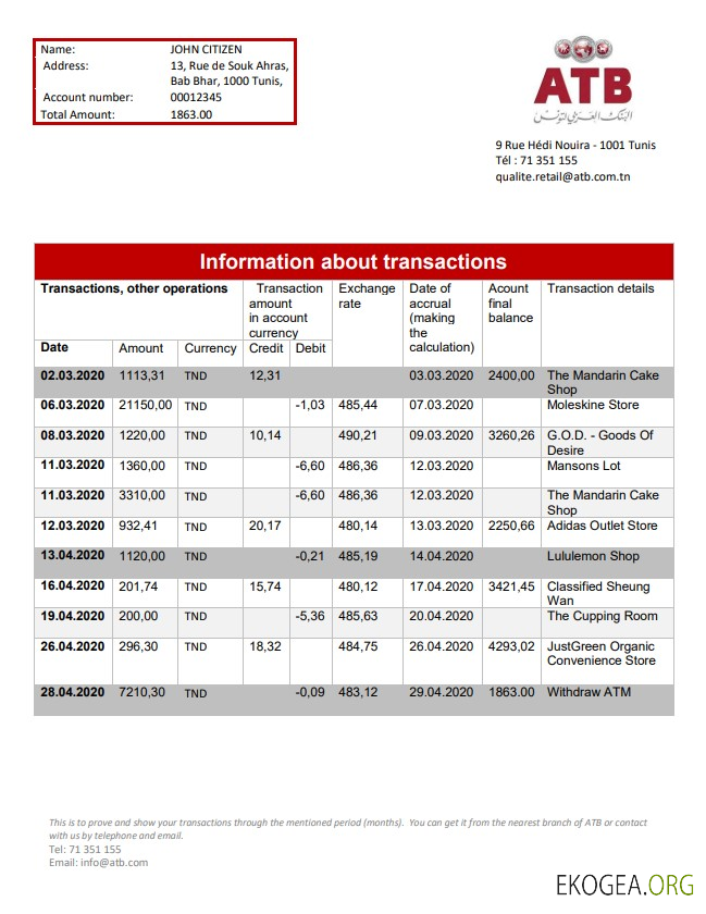 Modèle de justificatif de domicile de la banque ATB Tunisie au format Word et PDF (.doc et .pdf)